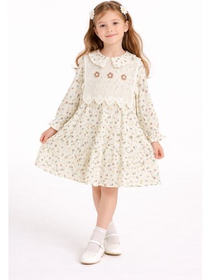 Cansın Mini Kahverengi Çiçek Desenli Nakışlı Süveterli Kız Çocuk Müslin Elbise  23580