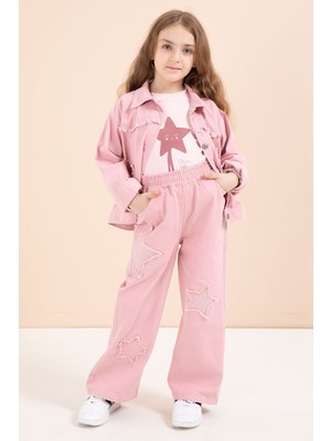 Cansın Mini Pembe Taşlı Yıldız Nakışlı Jean Ceketli 3lü Pantolonlu Kız Takım 23435