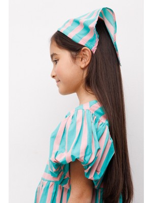 Mint  Çizgi Desenli Kız Çocuk Üçgen Bandana Taç