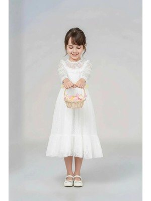 The Jojo Design Kız Çocuk Dantel Uzun Kollu Abiye Elbise Çiçek Detaylı Özel Gün Elbisesi Siyah / Beyaz