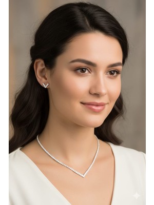 Klc Takı Kadın Gümüş Renk Model Su Yolu Zirkon Taşlı Kolye Küpe Seti