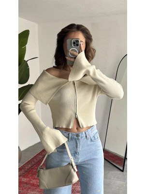 Asfa Moda Kadın Krem Fitilli Triko Hırka Çift Fermuarlı Madonna Yaka Basic Şık Uzun Kollu