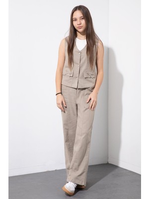 Cansın Mini Bej Cepli Keten Yelekli Yüksek Bel Pantolonlu Kız Çocuk Alt Üst Takım  23546