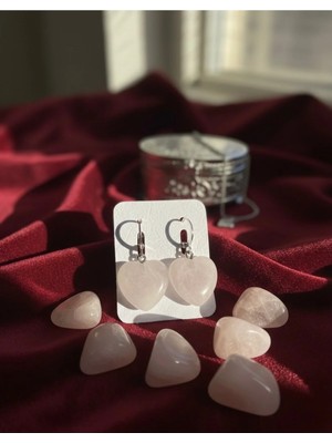 Meneva Aksesuar Pembe Kuvars Doğal Taş Kalp Küpe