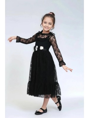 Lovrel Kız Çocuk Dantelli Elbise Uzun Kollu Çiçek Detaylı Tüllü Özel Gün Elbisesi