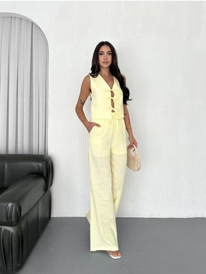 Boom Bester Kadın Premium Keten Beli Lastikli Palazzo Pantolon - Astarlı Rahat Kesim Bol Paça Yazlık Palazzo