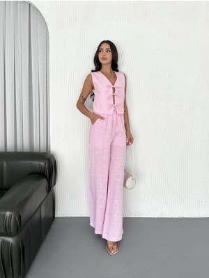 Boom Bester Kadın Premium Keten Beli Lastikli Palazzo Pantolon - Astarlı Rahat Kesim Bol Paça Yazlık Palazzo