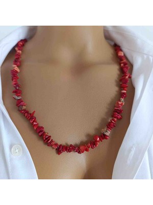 Mga Doğaltaş Mercan Doğal Taş Kolye Kırıktaş – Kırmızı Enerji ve Şans Taşı – Kadın Kolye – Sertifikalı