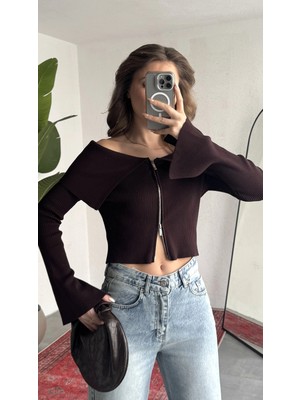 Asfa Moda Kadın Kahve Fitilli Triko Hırka Çift Fermuarlı Madonna Yaka Basic Şık Uzun Kollu