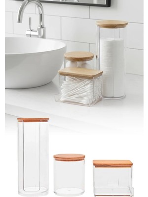 Omilife Ahşap Kapaklı Akrilik Kulak Pamuğu Pamuk Diş Ipi Organizeri Banyo Seti Şeffaf Organizer Pamukluk