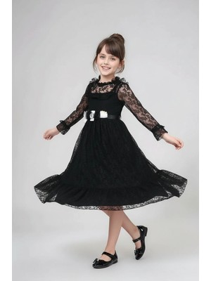 The Jojo Design Kız Çocuk Dantel Uzun Kollu Abiye Elbise Çiçek Detaylı Özel Gün Elbisesi Siyah / Beyaz