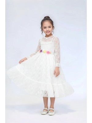 Lovrel Kız Çocuk Dantelli Elbise Uzun Kollu Çiçek Detaylı Tüllü Özel Gün Elbisesi