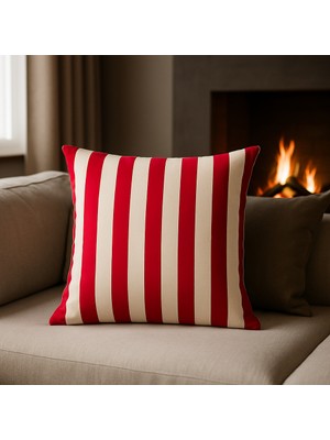 Uğur Home Kırmızı-Beyaz Modern Çizgili Dekoratif Kırlent Kılıfı | Duck Kumaş 43X43CM - Ivory