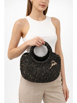 Vela Siyah Gold Işıltılı El Örgüsü Kadın El Çanta – Özel Tasarım