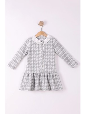2-5 Yaş Düğmeli Kız Çocuk Ekose Pamuklu Jakar Kumaş Uzun Kollu Kışlık Şık Elbise