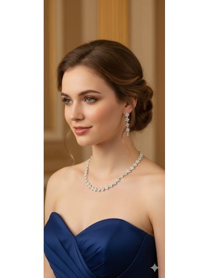 Klc Takı Kadın Gümüş Renk Model Su Yolu Zirkon Taşlı Kolye Küpe Bileklik Seti