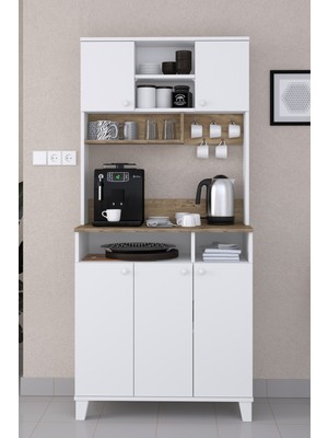 PROMODÜL Çok Amaçlı Modern Kahve Köşesi Mutfak Dolabı - 193 cm Beyaz Suntalam Kahve Standı Fincan Askılı