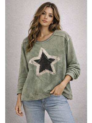 Erimeks Kadın Yıldız Taş Baskılı Zincir Detaylı Sweatshırt