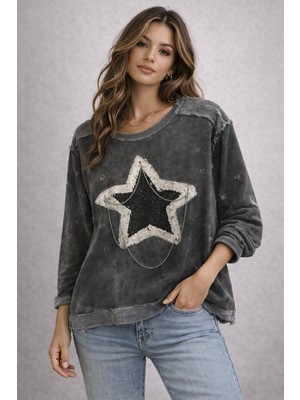 Erimeks Kadın Yıldız Taş Baskılı Zincir Detaylı Sweatshırt