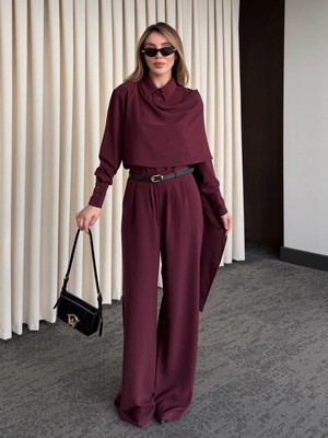 Laluvia Bordo Kemerli Şal Yaka Gömlek Pantolon Takım - 8004