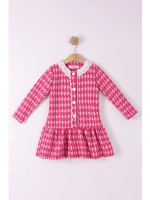 2-5 Yaş Düğmeli Kız Çocuk Ekose Pamuklu Jakar Kumaş Uzun Kollu Kışlık Şık Elbise