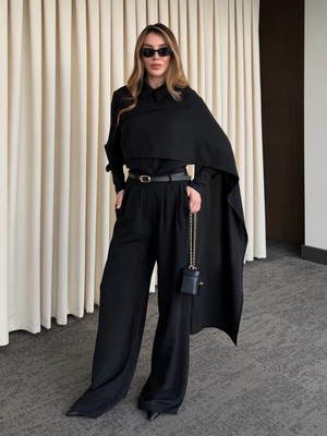 Laluvia Siyah Kemerli Şal Yaka Gömlek Pantolon Takım - 8004