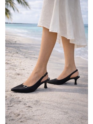 Akkurt Ayakkabı Siyah Saten Topuklu Ayakkabı, Saten Topuklu Abiye Ayakkabı