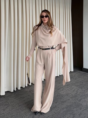 Laluvia Bej Kemerli Şal Yaka Gömlek Pantolon Takım - 8004