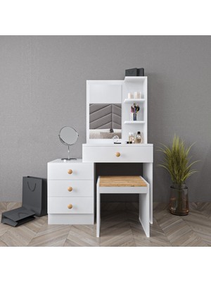 Aymobsan Lavin Bohem Makyaj Masası Aynalı 4 Çekmeceli Oturaklı Makyaj Masası - Atlantik Çam & Beyaz