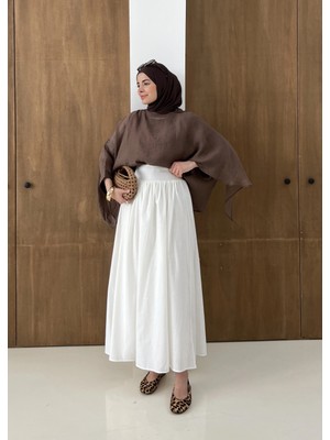 Moda Aksa 2926 Keten Büzgülü Yüksek Bel Etek Beyaz