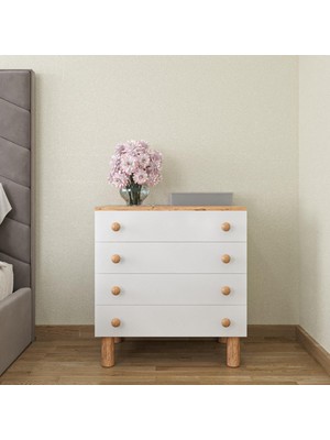 Aymobsan Lavin Bohem Şifonyer 4 Çekmeceli Şifonyer- Atlantik Çam & Beyaz