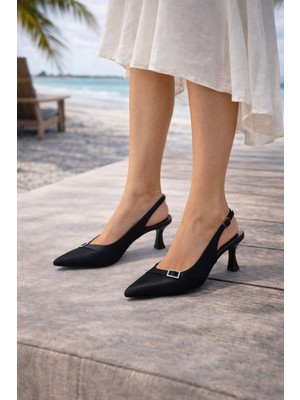 Akkurt Ayakkabı Siyah Saten Topuklu Ayakkabı, Saten Topuklu Abiye Ayakkabı