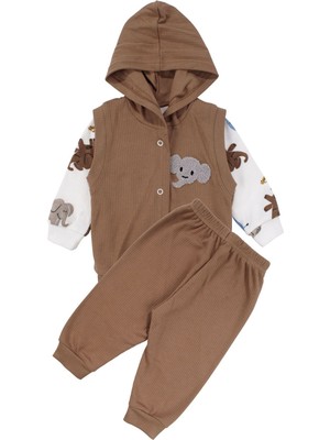 by BebekOdam Erkek Bebek Kahve Ekru Fil Nakışlı Yelekli 3'lü Takım - 1016581