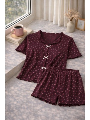 Koza İç Giyim Kadın Çiçek Desenli Fiyonklu Kaşkorse Kısa Kollu Şort Takım