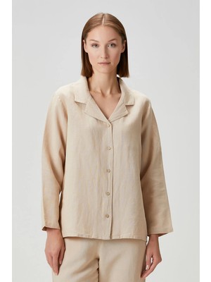 Barine Lino Keten Gömlek Pijama Üstü Kum Beji