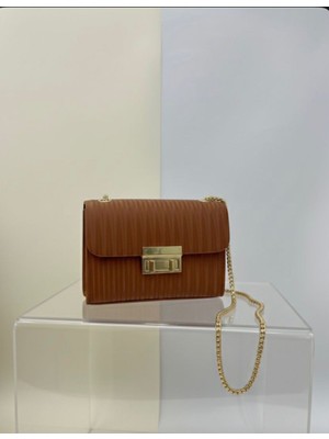 Addy Karamel Çizgili Desenli Gold Zincir Askılı Portföy Omuz ve El Çantası E19B13