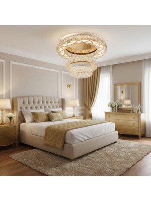 Elizim Home Lighting Plafonyer Lazer Kesim Kristal Taşlı Gold Ledli Avize