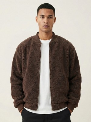 Genius Store Erkek Bomber Mont Peluş Içi Astarlı Regular Kalıp Sherpa Kuzu Kumaş Spor Mont