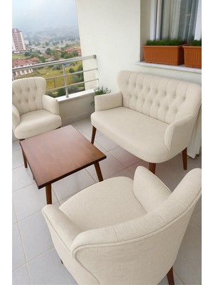 Azra Mobilya - Roma Çay Seti Koltuk Takımı - Keten Kumaş - Ahşap Ayak - Krem