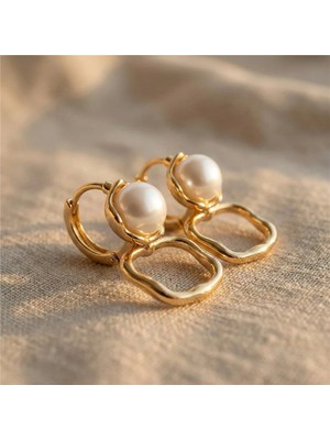 Zeino İncili Kare Halka Küpe 14K Altın Kaplama - 2 cm
