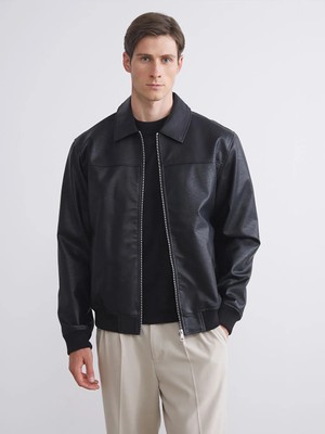 LC Waikiki Siyah Standart Kalıp Gömlek Yaka Erkek Deri Görünümlü Ceket