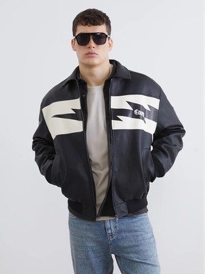 LC Waikiki Siyah Rahat Kalıp Stranger Things Baskılı Erkek Deri Görünümlü Ceket