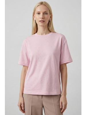 Rays 8255 Taşlı Bisiklet Yaka Tişört Pembe