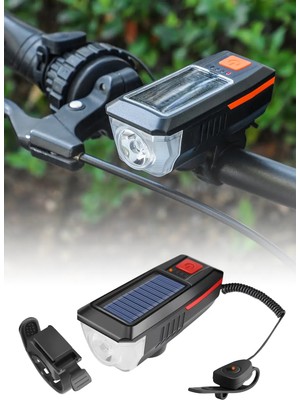 Omilife Güneş Enerjili Bisiklet Farı USB Şarjlı Kornalı LED Bisiklet Feneri Su Geçirmez