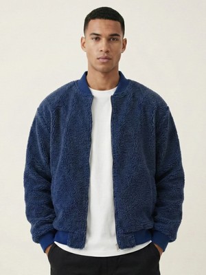 Genius Store Erkek Bomber Mont Peluş Içi Astarlı Regular Kalıp Sherpa Kuzu Kumaş Spor Mont