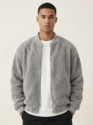 Genius Store Erkek Bomber Mont Peluş Içi Astarlı Regular Kalıp Sherpa Kuzu Kumaş Spor Mont