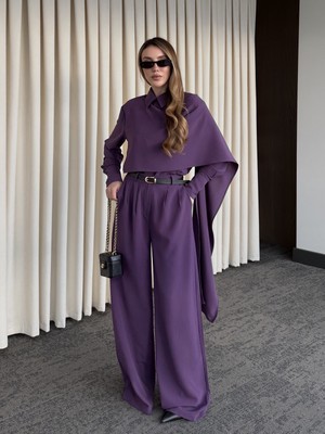 Laluvia Mor Kemerli Şal Yaka Gömlek Pantolon Takım - 8004