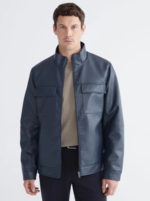 LC Waikiki Lacivert Standart Kalıp Dik Yaka Erkek Deri Görünümlü Ceket