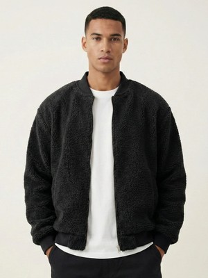 Genius Store Erkek Bomber Mont Peluş Içi Astarlı Regular Kalıp Sherpa Kuzu Kumaş Spor Mont