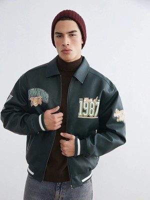 LC Waikiki Yeşil Rahat Kalıp Stranger Things Baskılı Erkek Deri Görünümlü Ceket